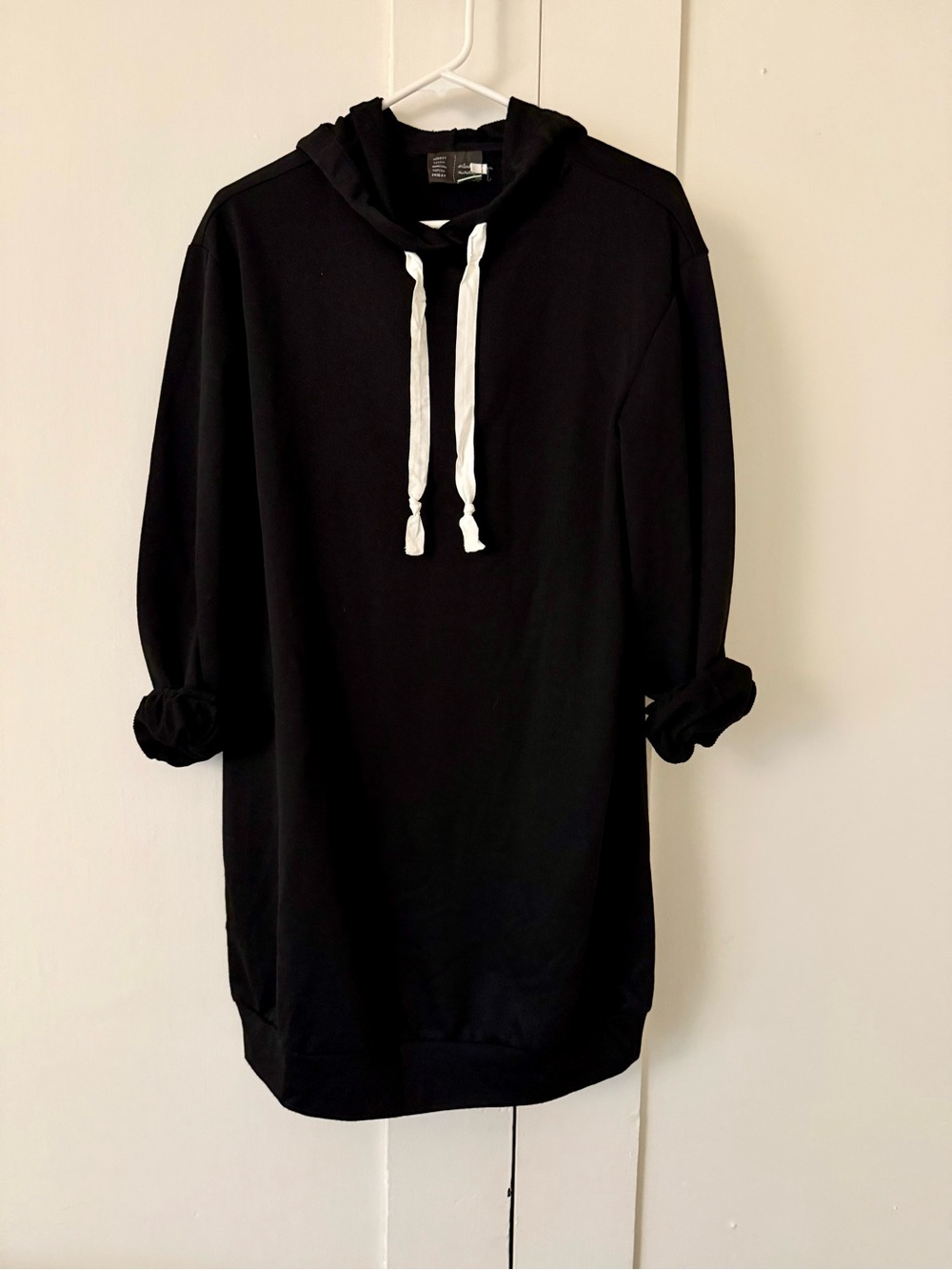 Women's Black Crewneck Hooded Dress with White Drawstrings